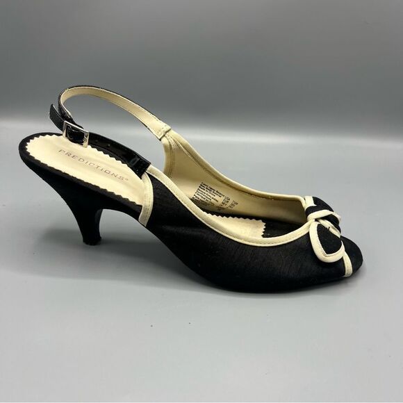 Predictions Black and Cream Women's Bow Detail Slingback Open Toe Heels - Picture 1 of 7